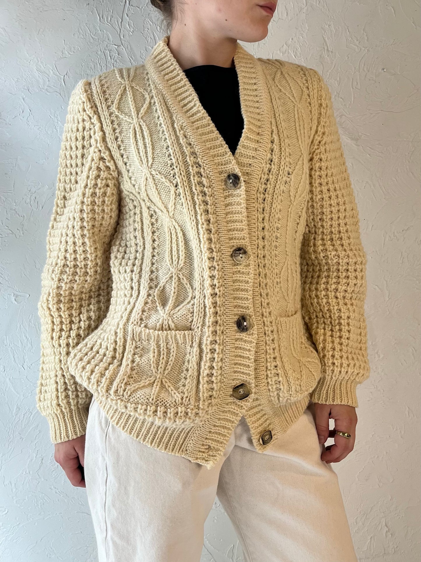 Vintage 'Gaeltarra' Cream Cable Knit Wool Fishermans Cardigan / Small