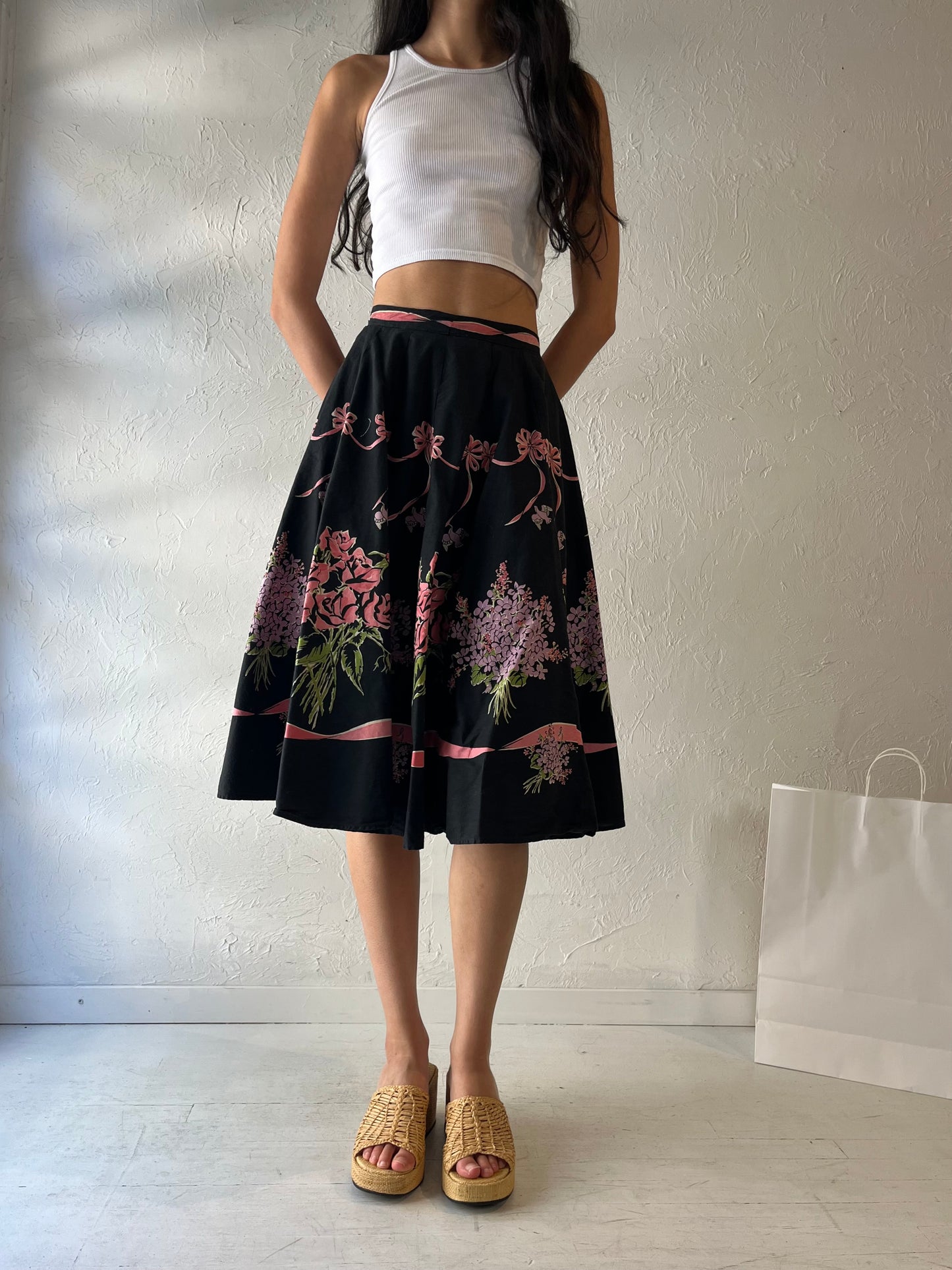 Vintage Handmade Black Bow Midi Skirt / Small