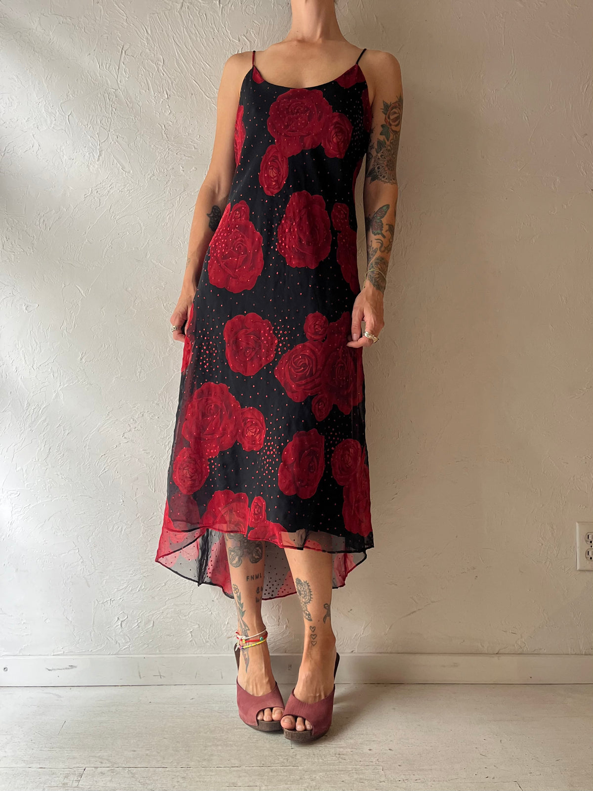 80s 'Fairweather' Black Red Rose Floral Romantic Goth Party Maxi Dress / Medium