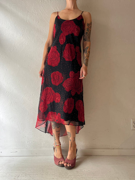 80s 'Fairweather' Black Red Rose Floral Romantic Goth Party Maxi Dress / Medium