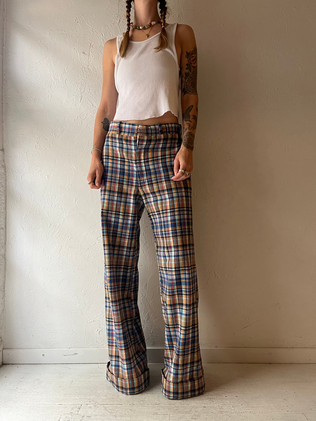 70s 'Mac Queen' Blue Plaid Knit Wide Leg Pants Retro Preppy Academia Flare Trousers / Medium