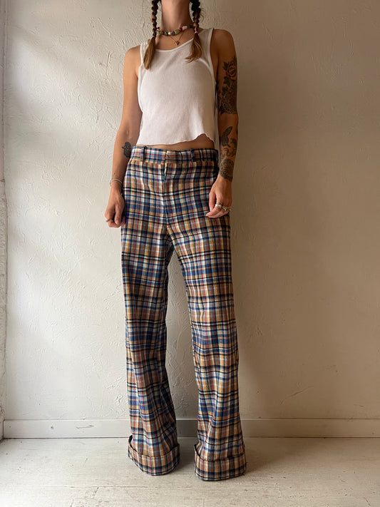 70s 'Mac Queen' Blue Plaid Knit Wide Leg Pants Retro Preppy Academia Flare Trousers / Medium