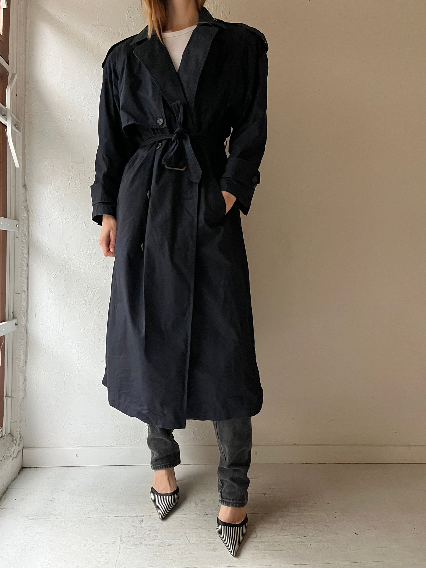 90s ‘Anne Klein’ Navy Blue Lined Trench Coat / Medium
