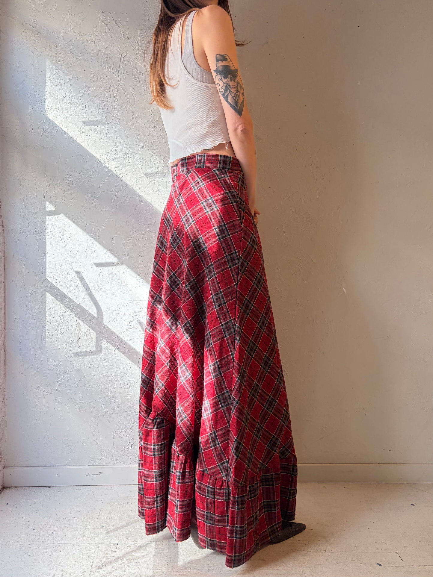 Vintage Handmade Wool Plaid Maxi Skirt / Medium