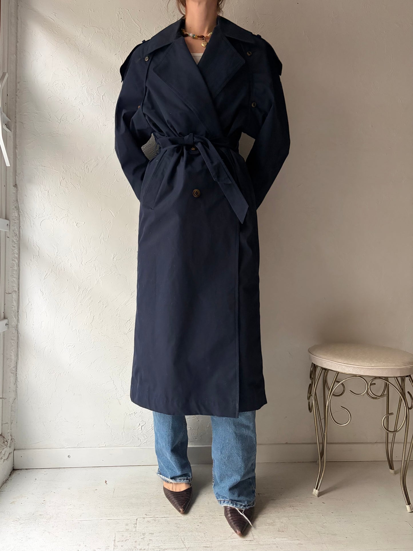90s 'Niccolini' Navy Blue Trench Coat / Medium