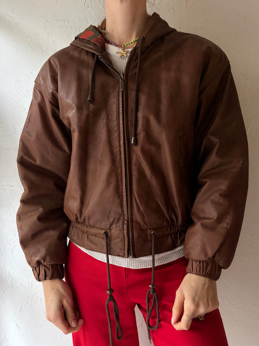 90s 'Adventure Bound' Brown Cropped Hooded Leather Jacket / Small