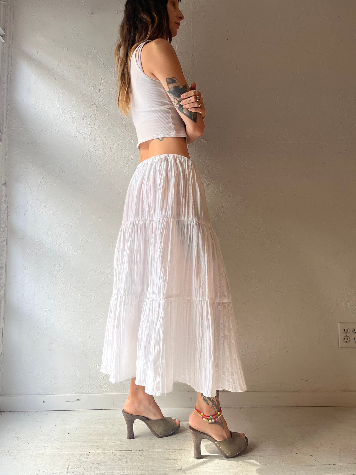 Y2k 'White Stag' White Tiered Drawstring Boho Cottagecore Western Prairie Summer Maxi Skirt / Small - Large