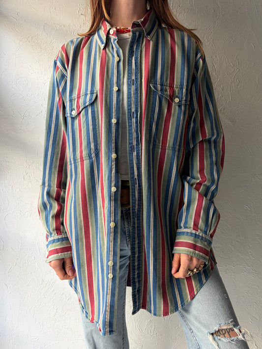 Y2k 'Hunt Club' Stripped Wester Button Up Shirt / Vintage 2000s Cowboy Work Wear Shirt / Large
