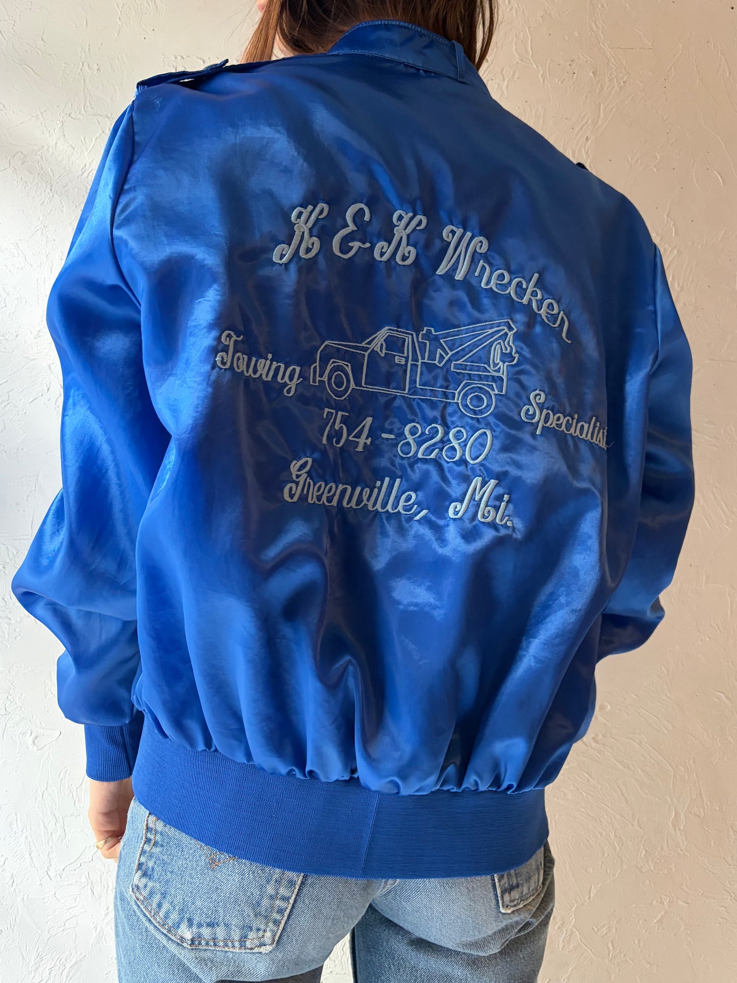 90s 'Satins'  Blue Embroidered Nylon Bomber Jacket / Large