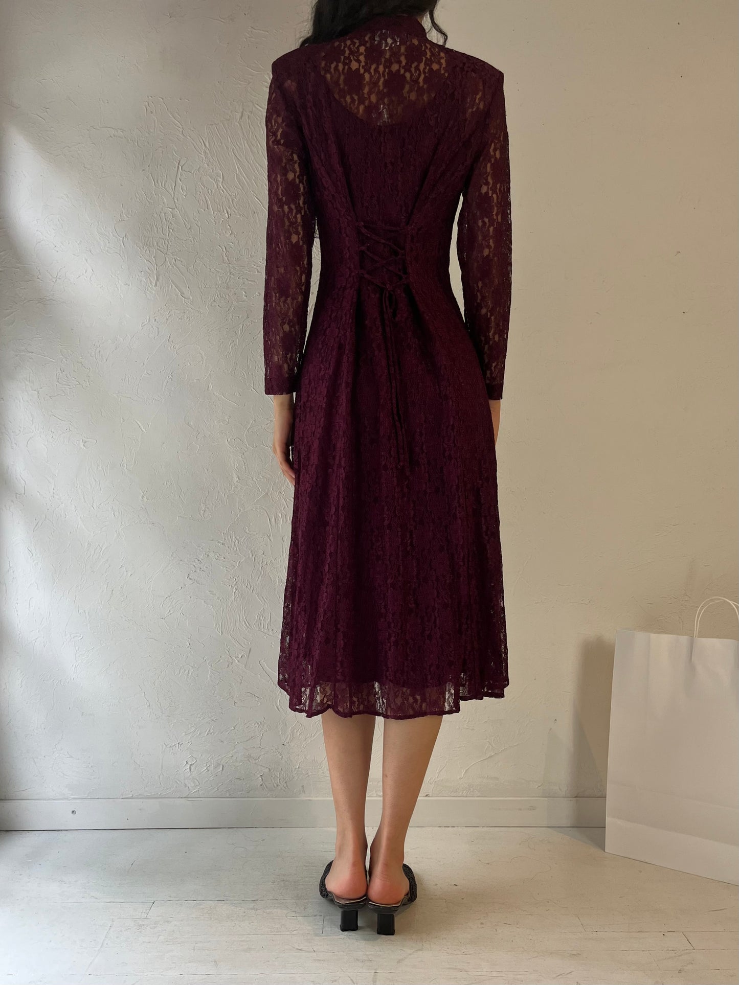 90s 'Dawn Joy' Long Sleeve Burgundy Lace Dress / Small