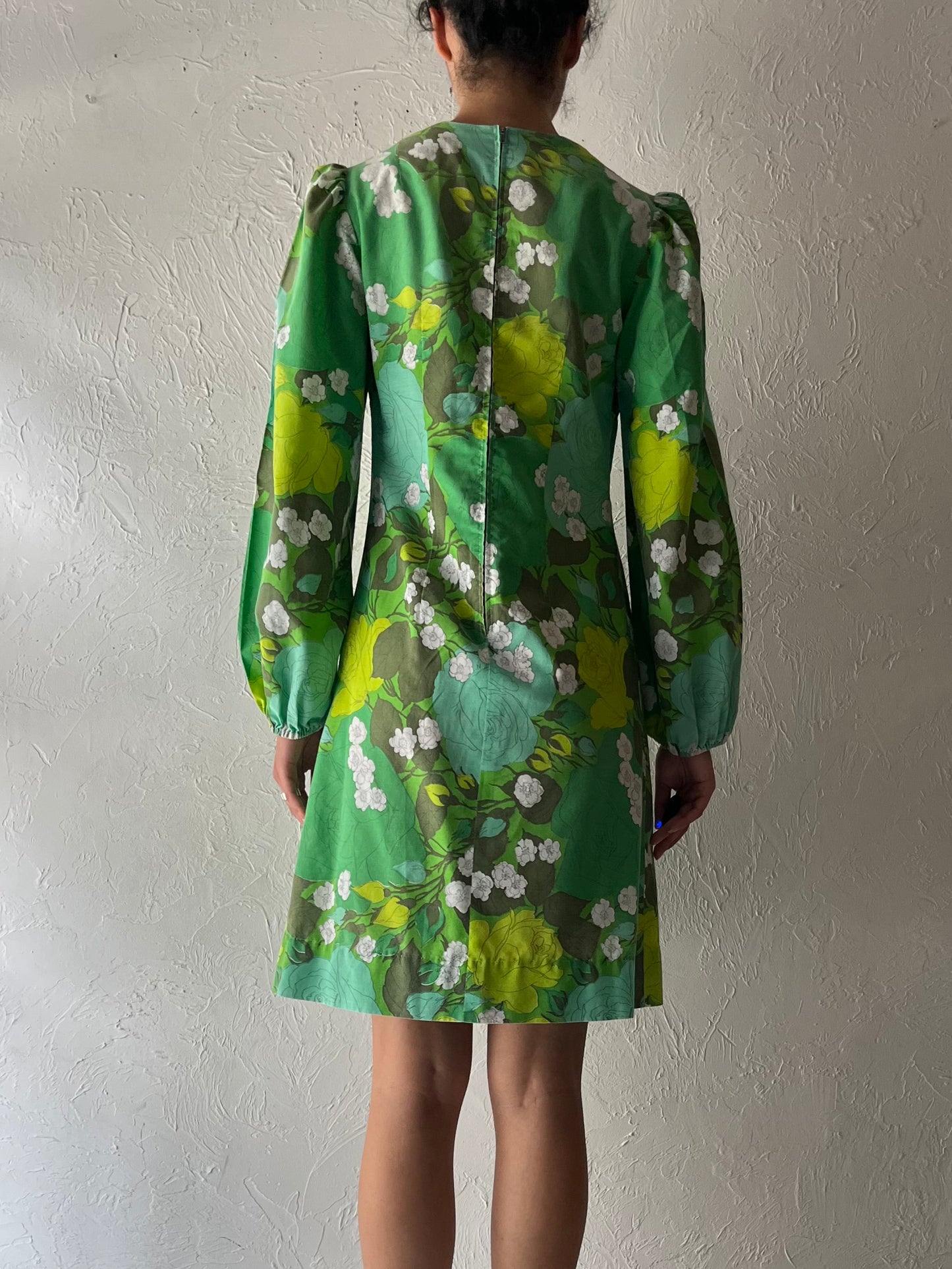 70s Green Floral Long Sleeve Mini Dress / Small