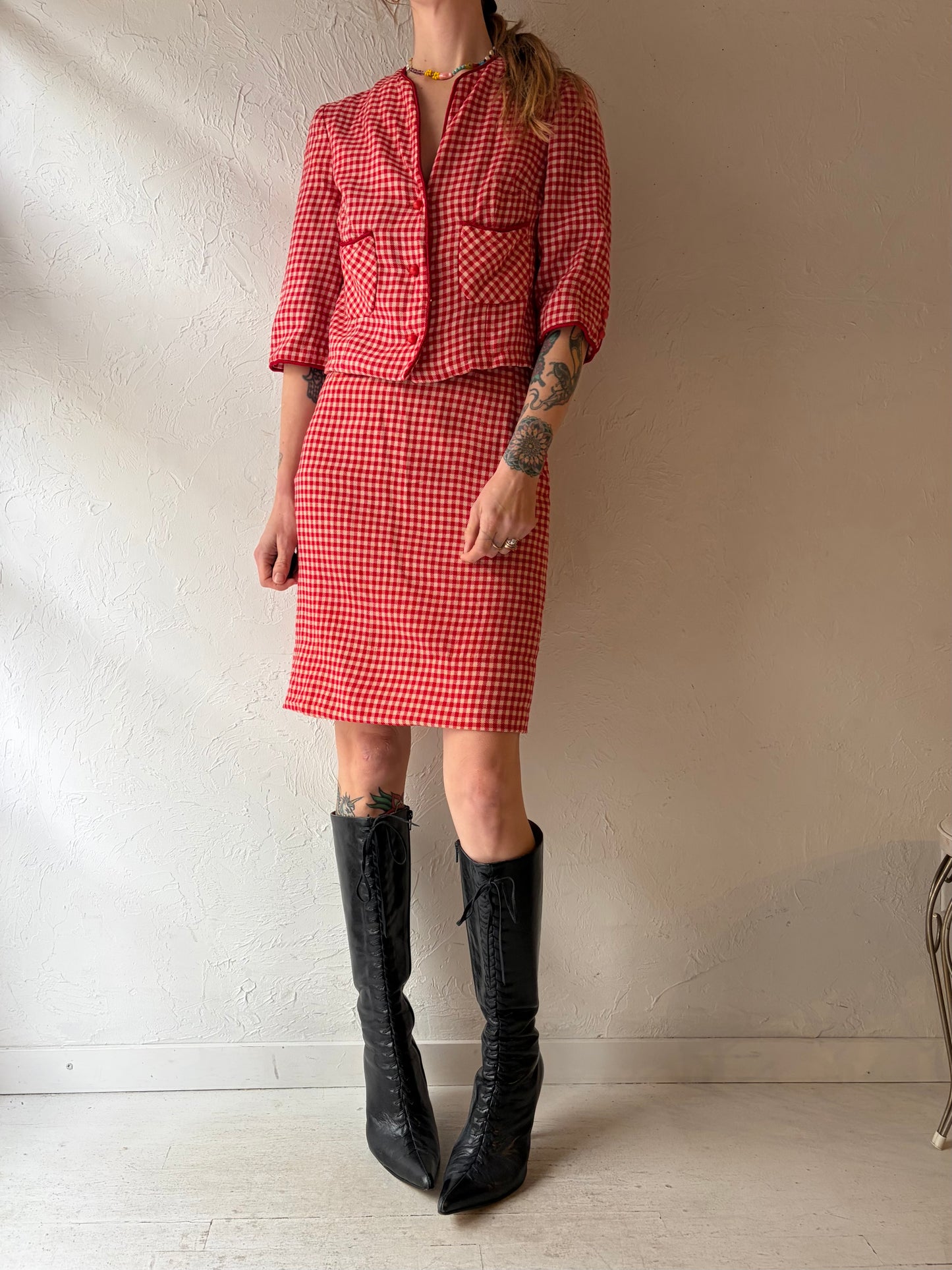 60s/70s 'Sportempos' Red Plaid Wool Set / Union Made / Small