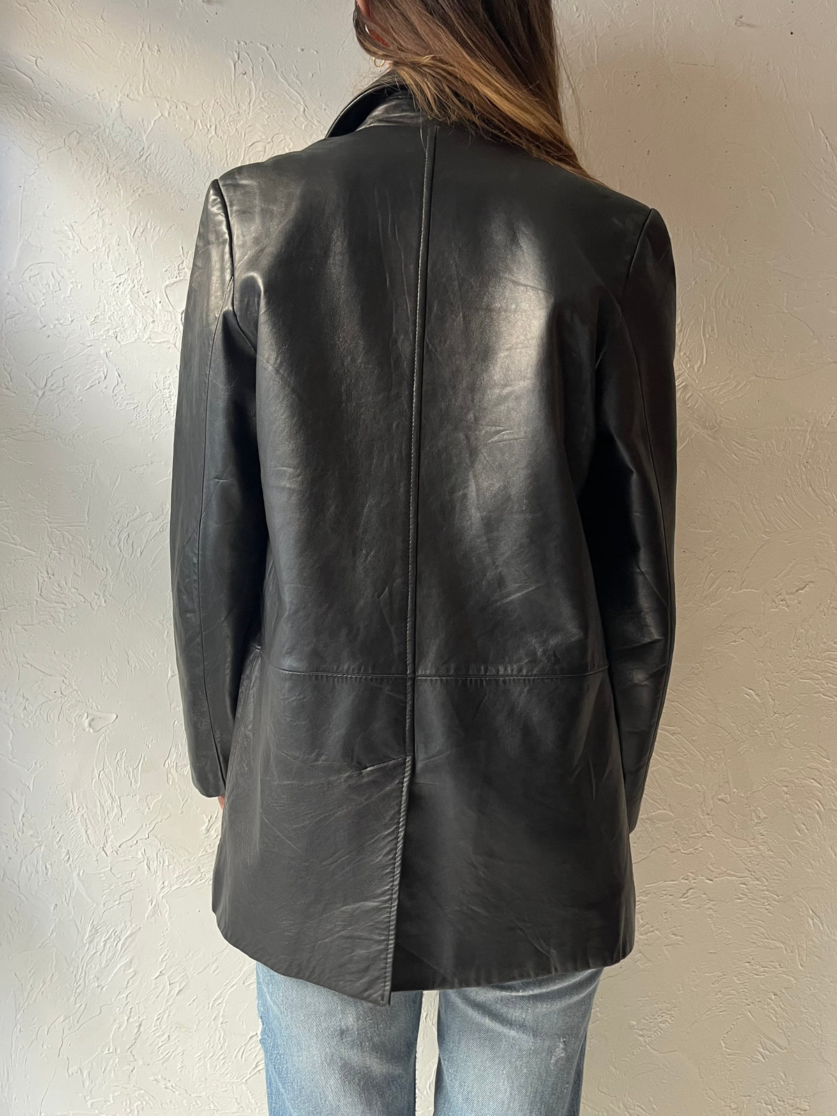 90s ‘Danier’ Black Leather Oversized Car Coat Minimalist Grunge Moto Jacket / Small