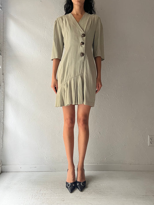 80s 'Positive Influence' Green Polka Dot Drop Waist Dress / Small