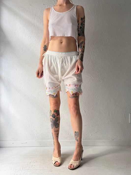 Vintage Handmade Embroidered Cottage Core Shorts / White Cotton Boho Hippie Bloomers / Small