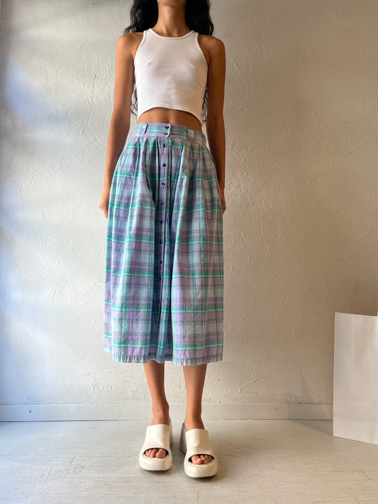 90s 'Southern Comforts' Plaid Cotton Midi Skirt / Small - Medium