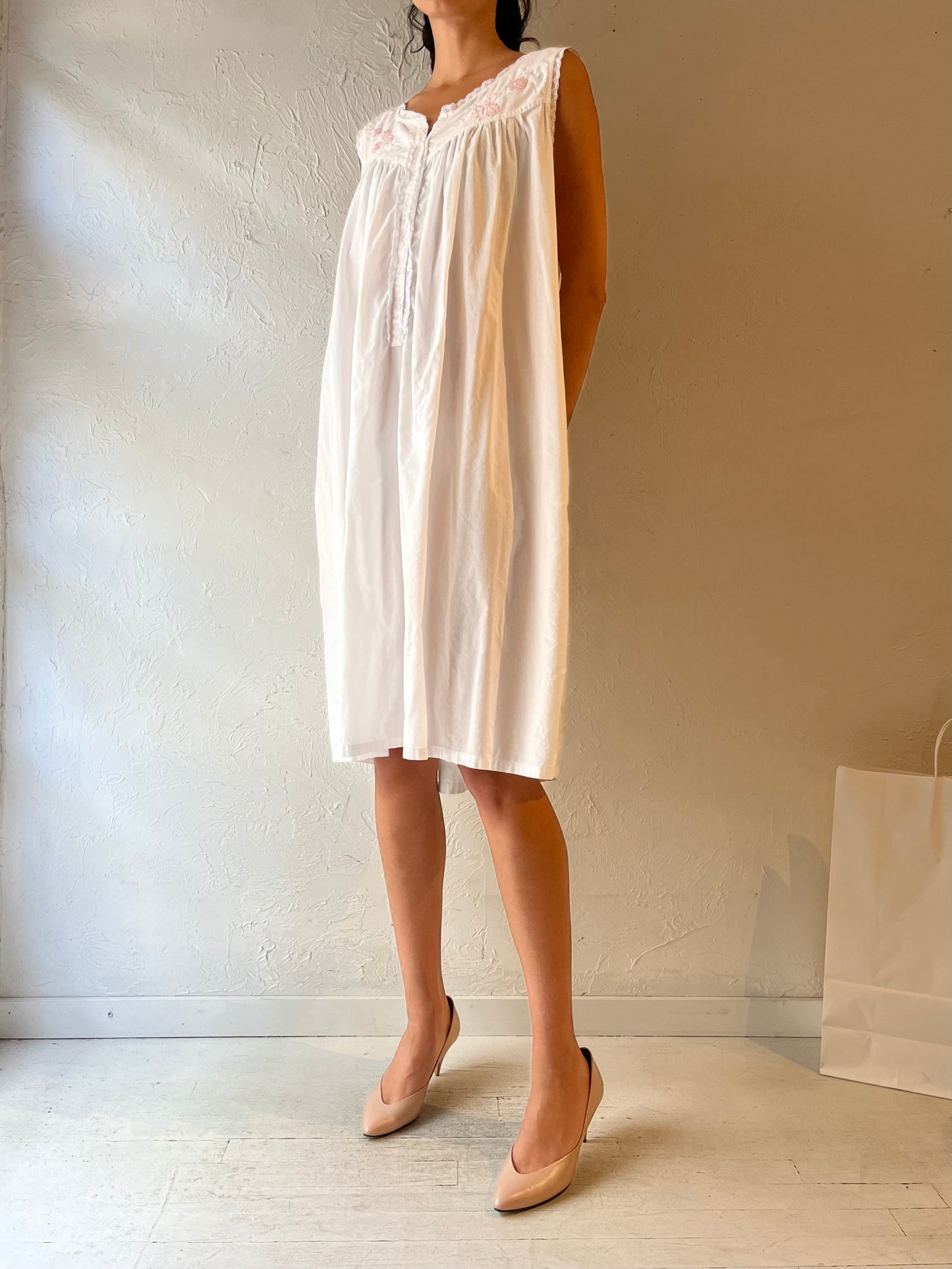 90s White Cotton Midi Dress / Large