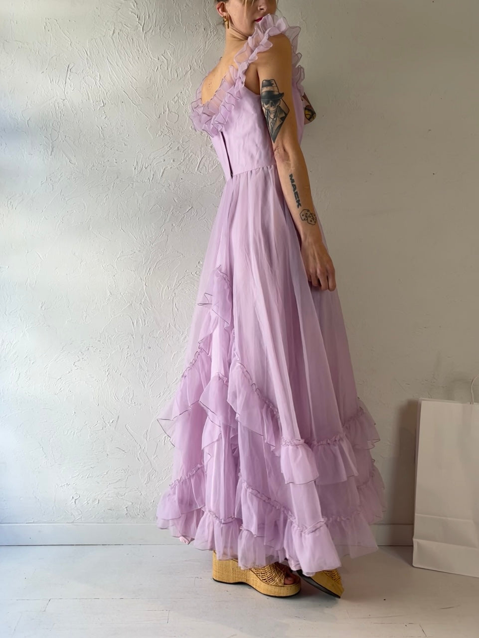 90s 'Zarnett' Purple Ruffle Formal Gown / Small - Medium