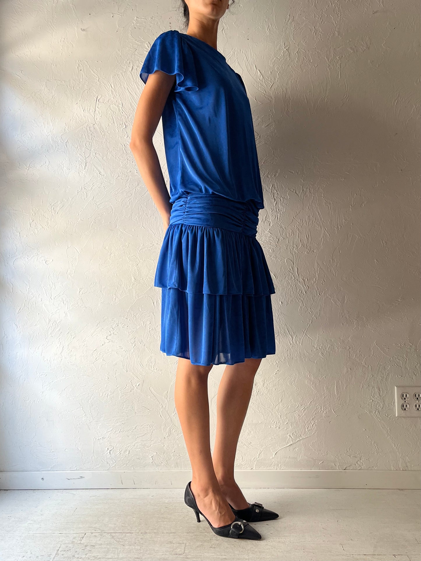 80s 'Mandy Designs' Blue Floral Retro Normcore Midi Party Dress / Medium