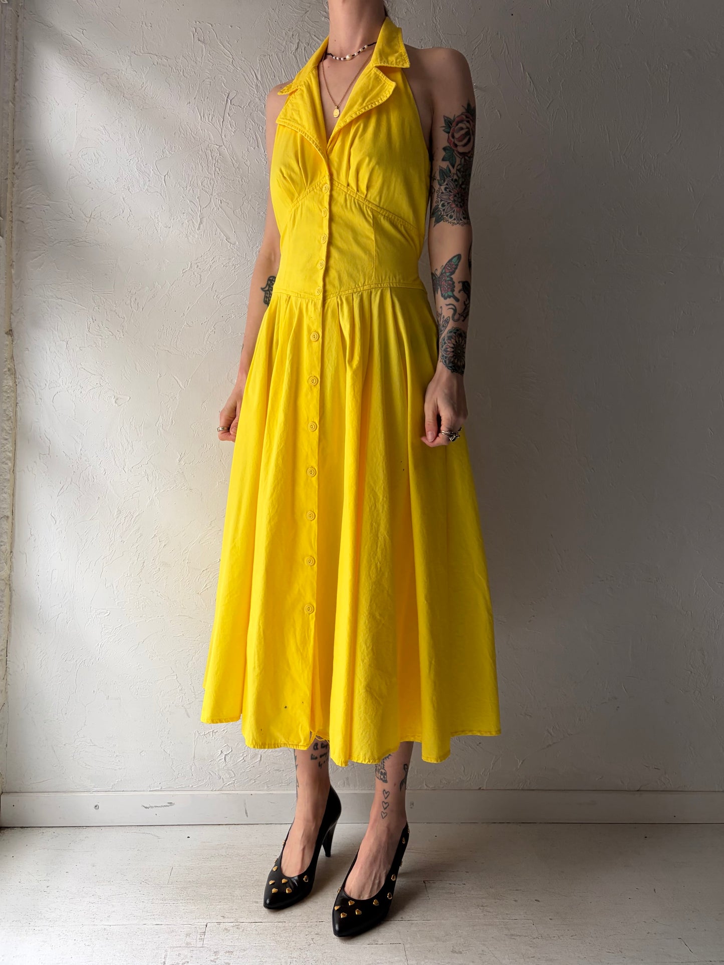 Vintage Yellow Collared Midi Dress / Small