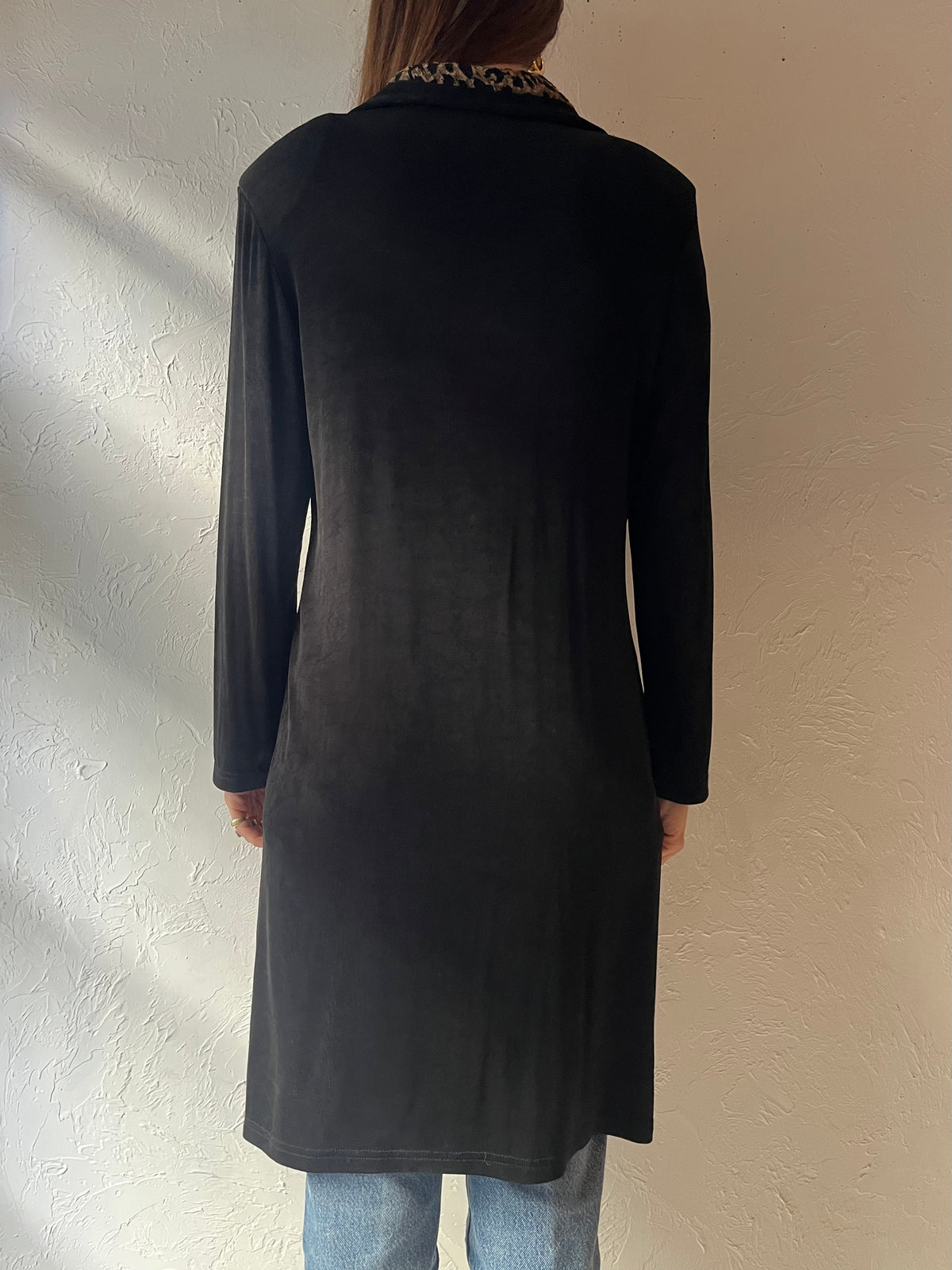 90s ‘Artex Collection’ Black Leopard Collar Duster Animal Print Long Jacket / Medium