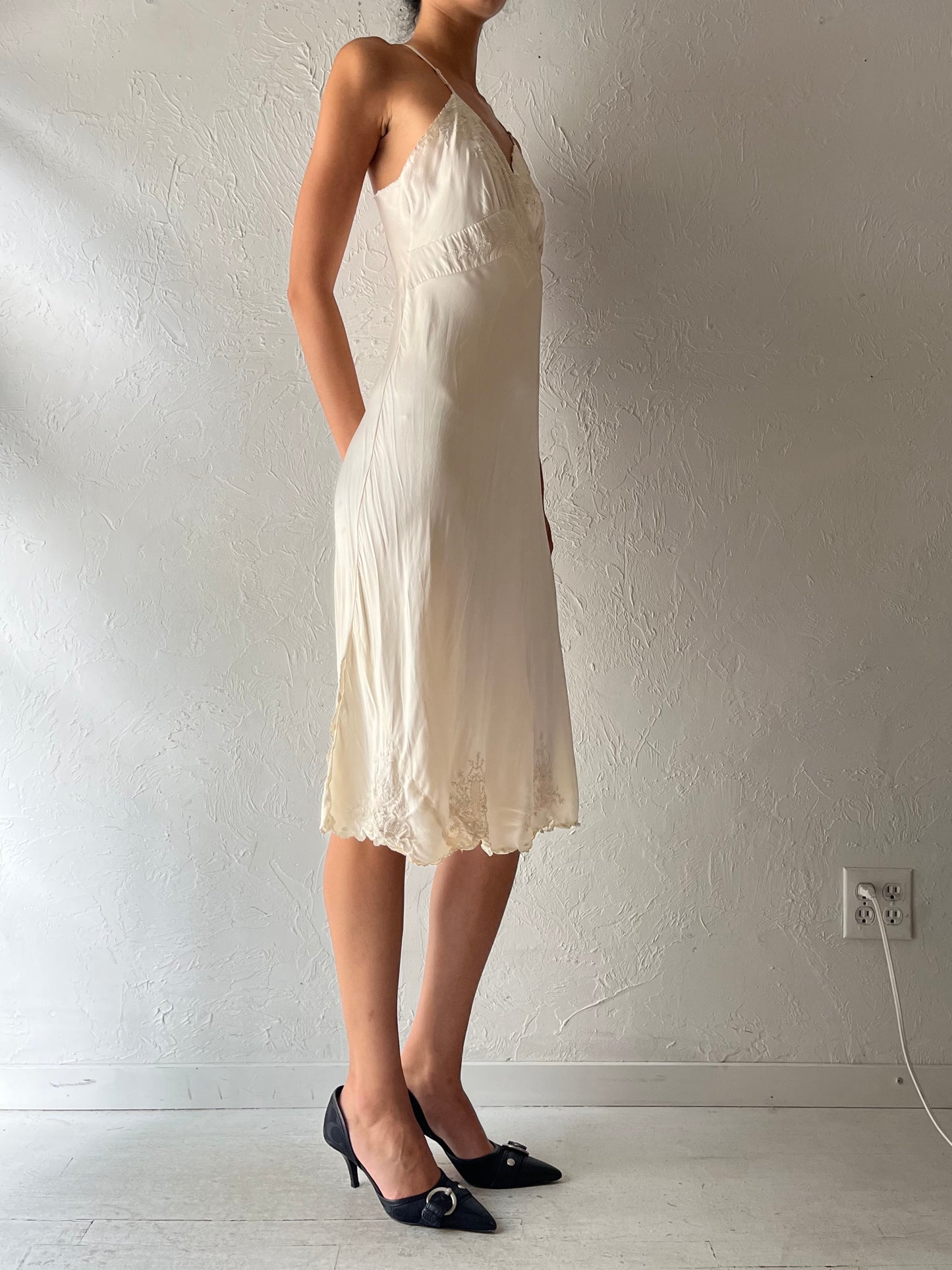 Vintage White Embroidered Romantic Boho Bridal Slip Dress / Cottagecore Prairie Summer Midi Dress / Small