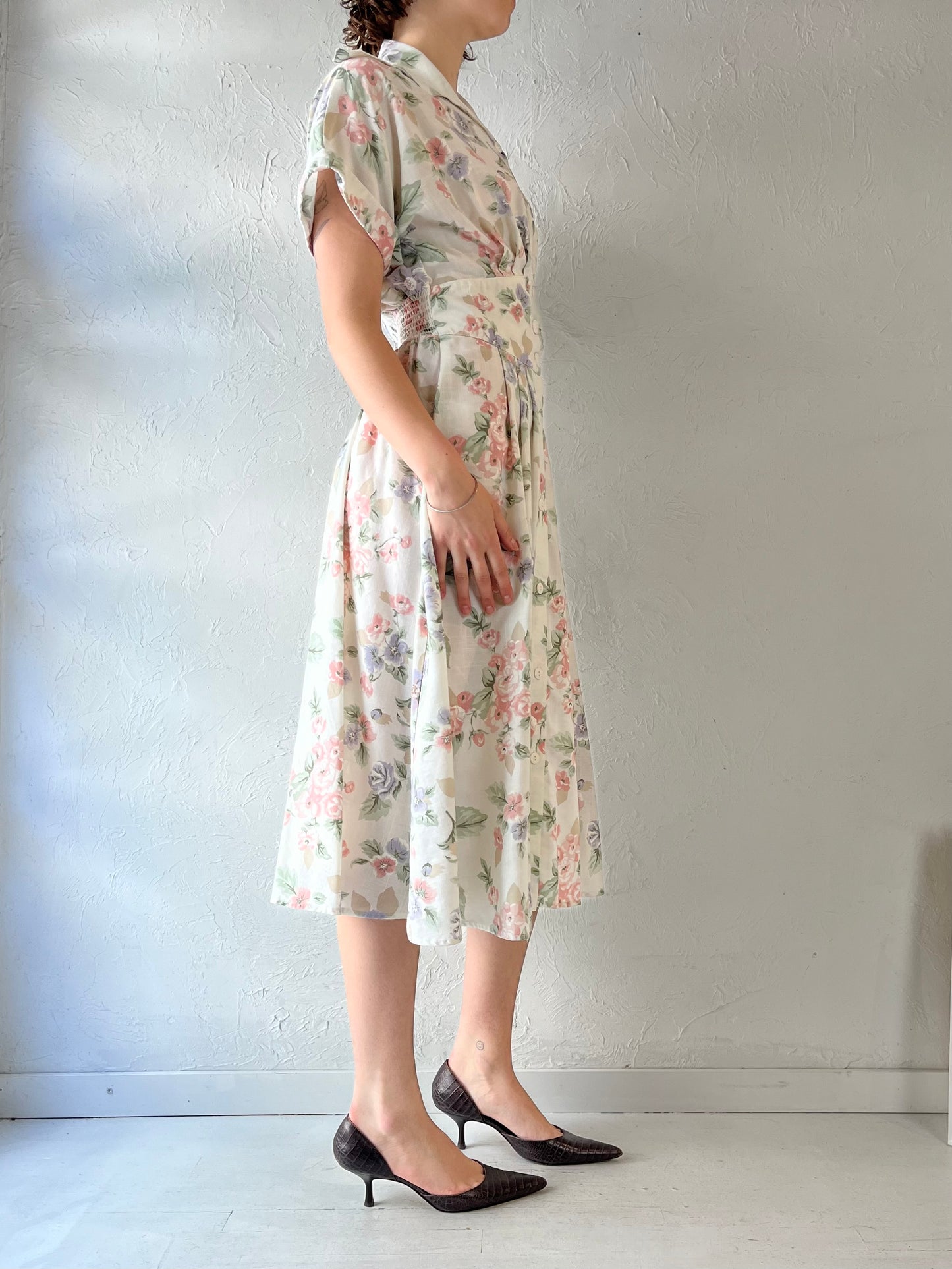 90s 'Stuart Alan' Collared Floral Print Dress / Small