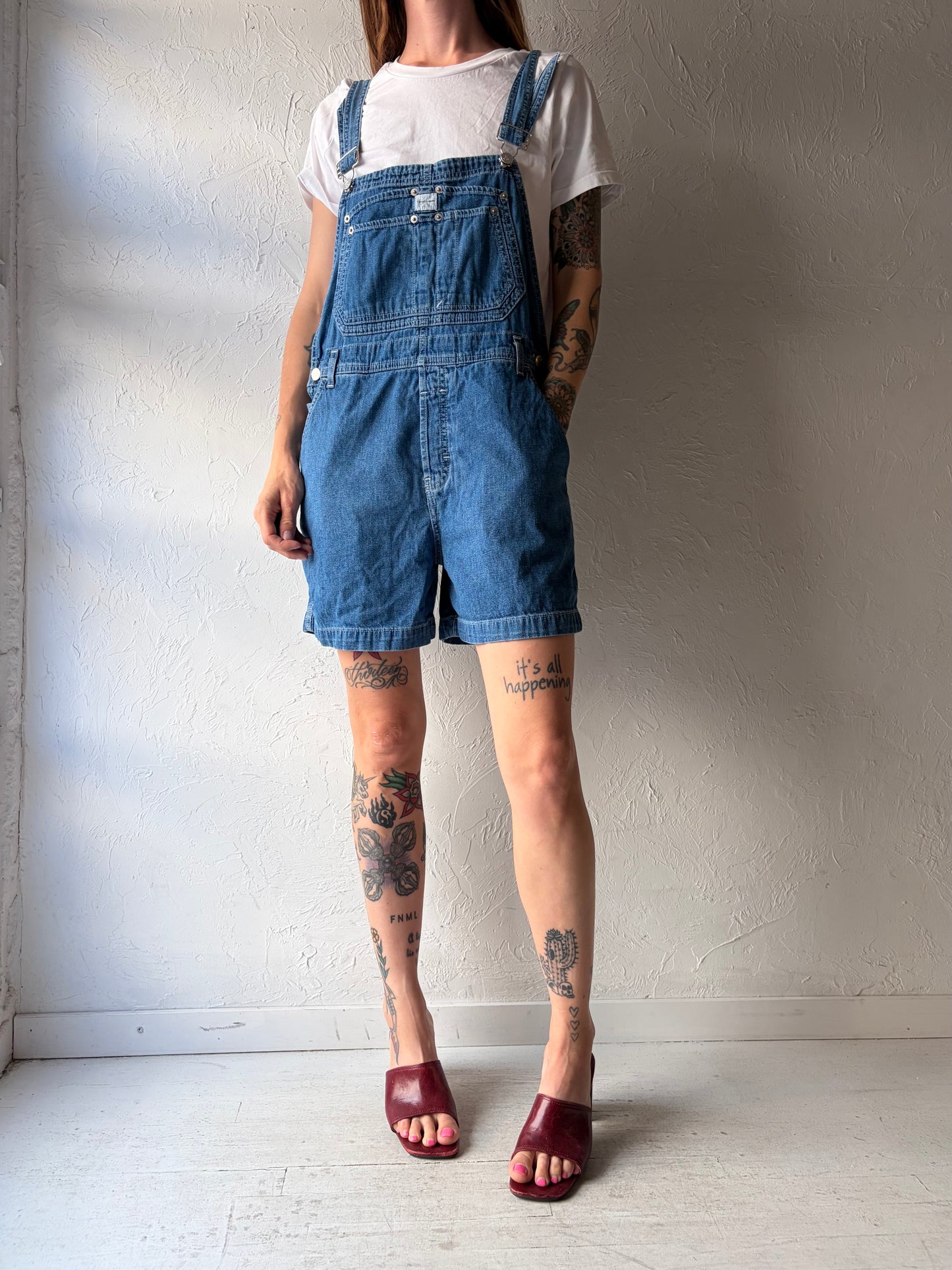 90s 'Calvin Klein' Denim Overall Shorts / Medium