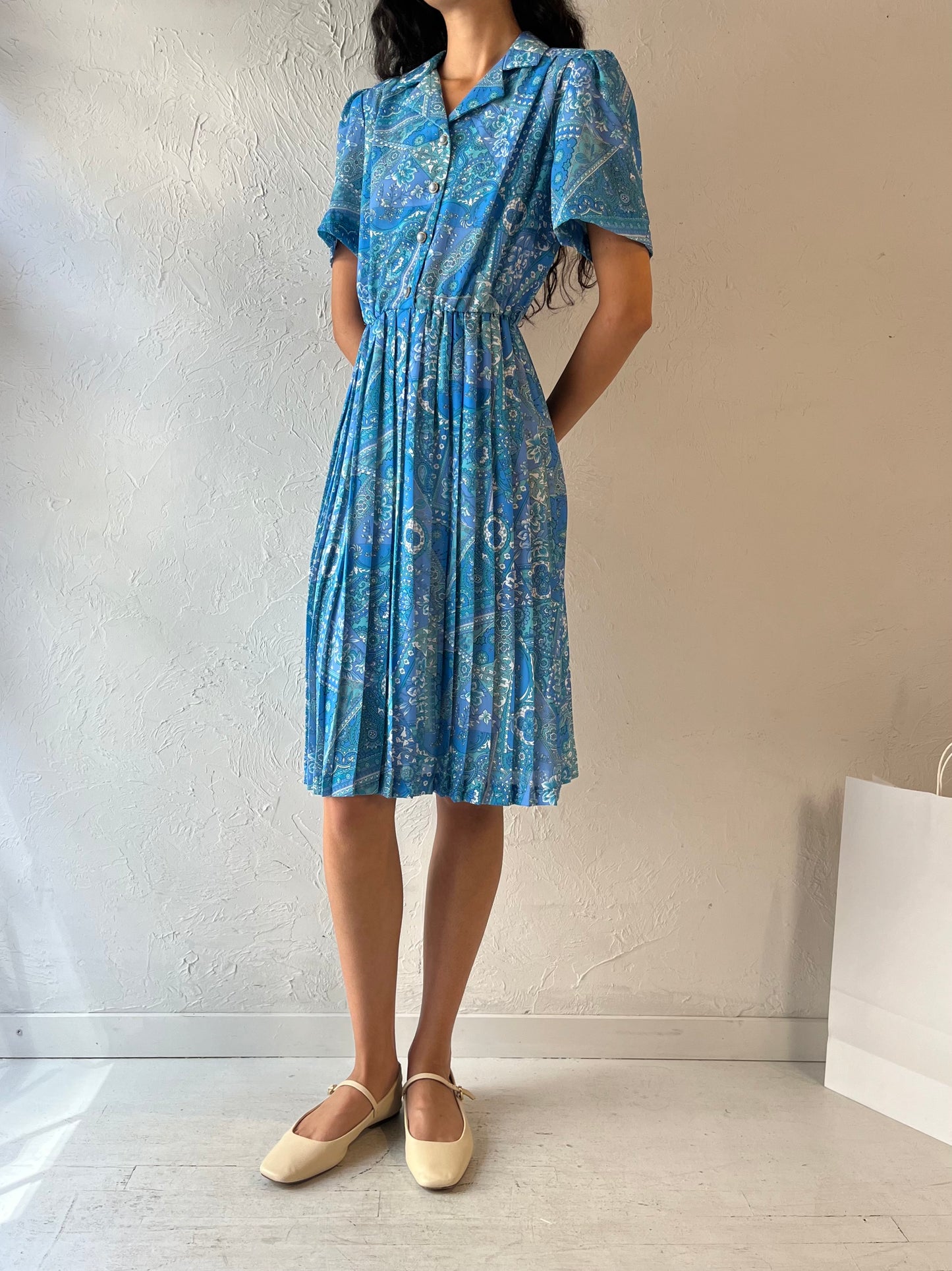 80s 'Leo Damal' Blue Paisley Midi Dress / Small