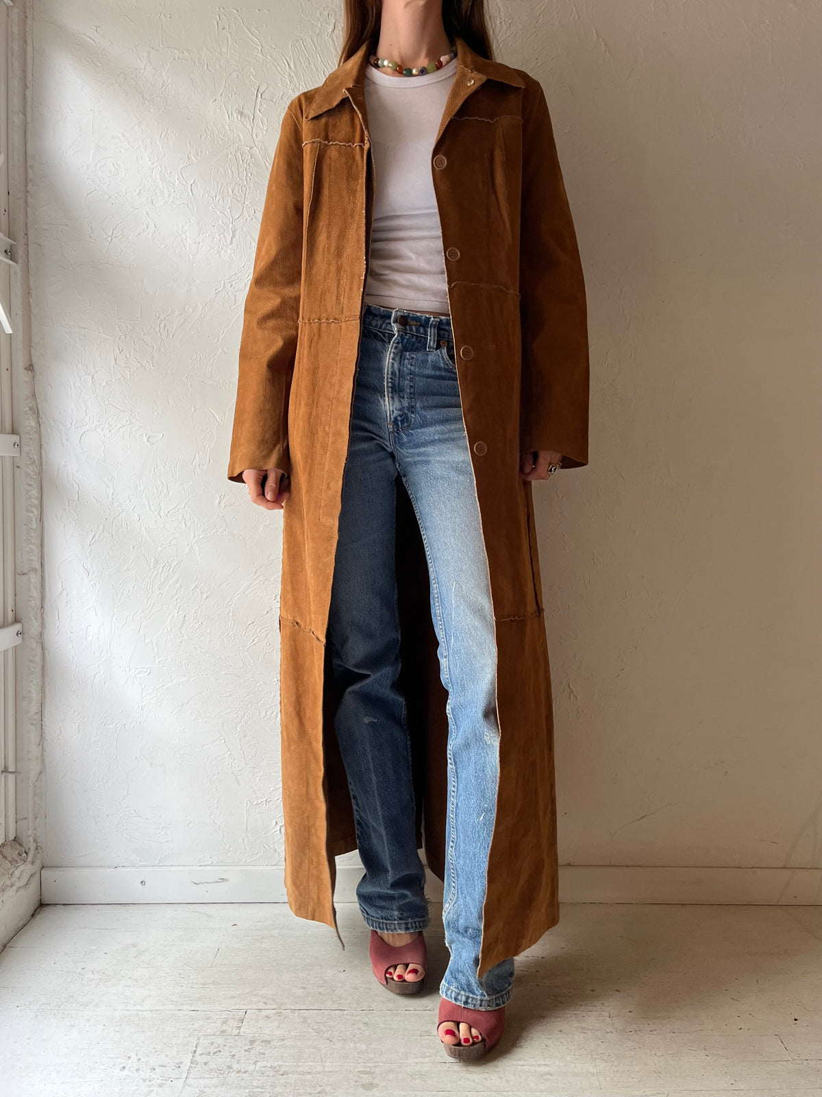 90s 'Le Château' Tan Suede Leather Maxi Trench Coat / Longline Minimalist Duster Jacket / Medium