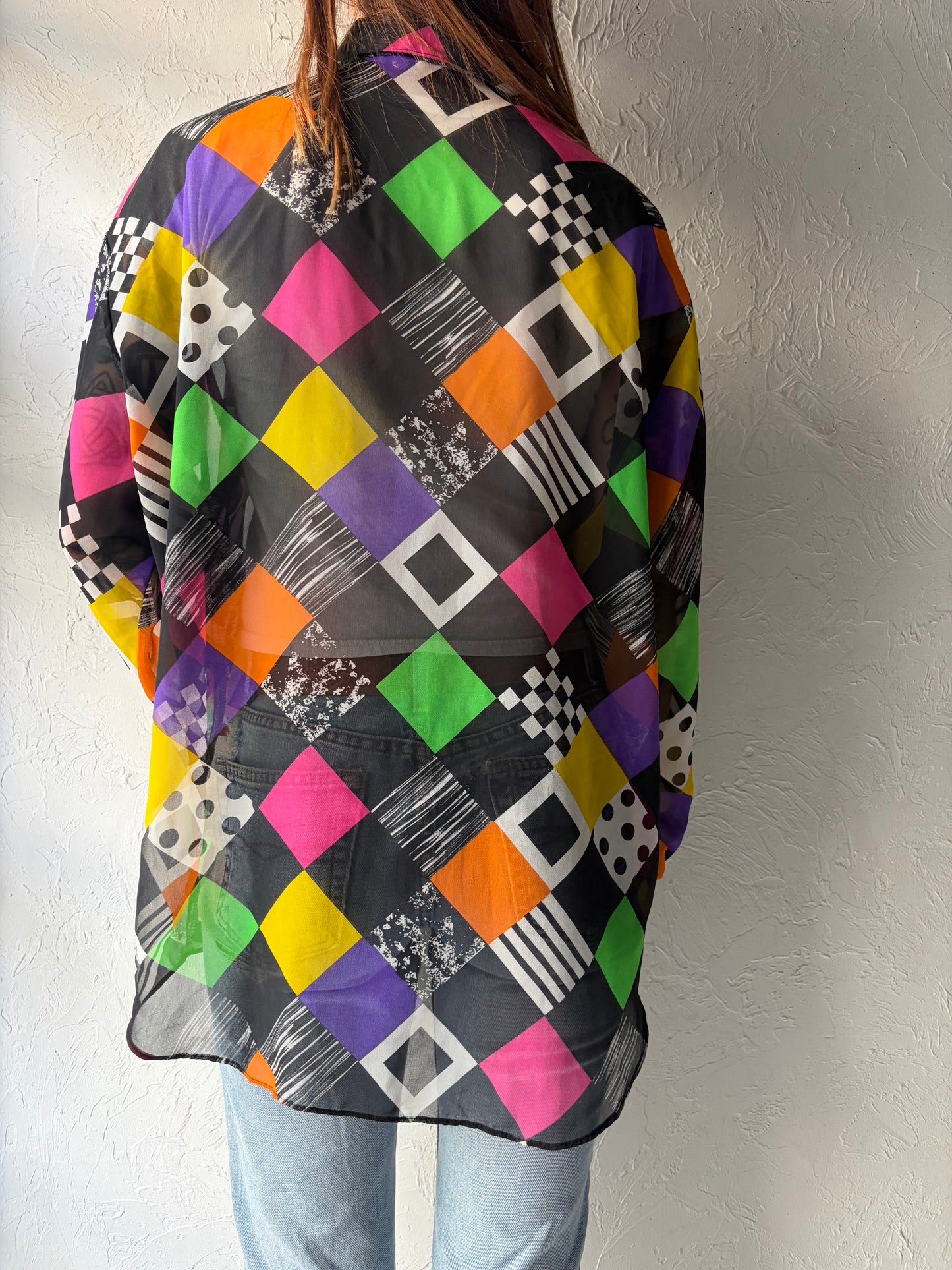 80s '2XS' Retro Patterned Button Up Shirt / Vintage 1980s Abstract Graphic Top / Large