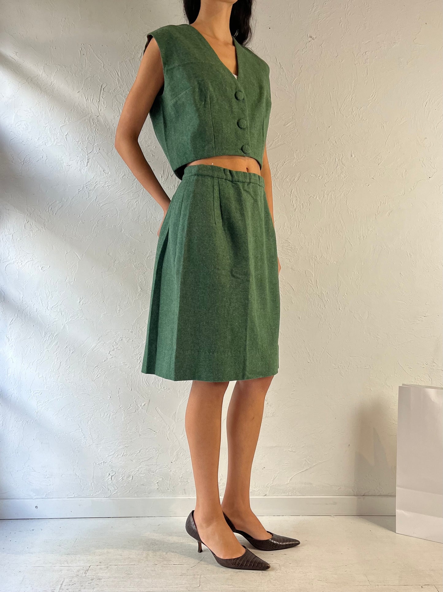 Vintage Handmade Green Wool Two Piece Set / Small