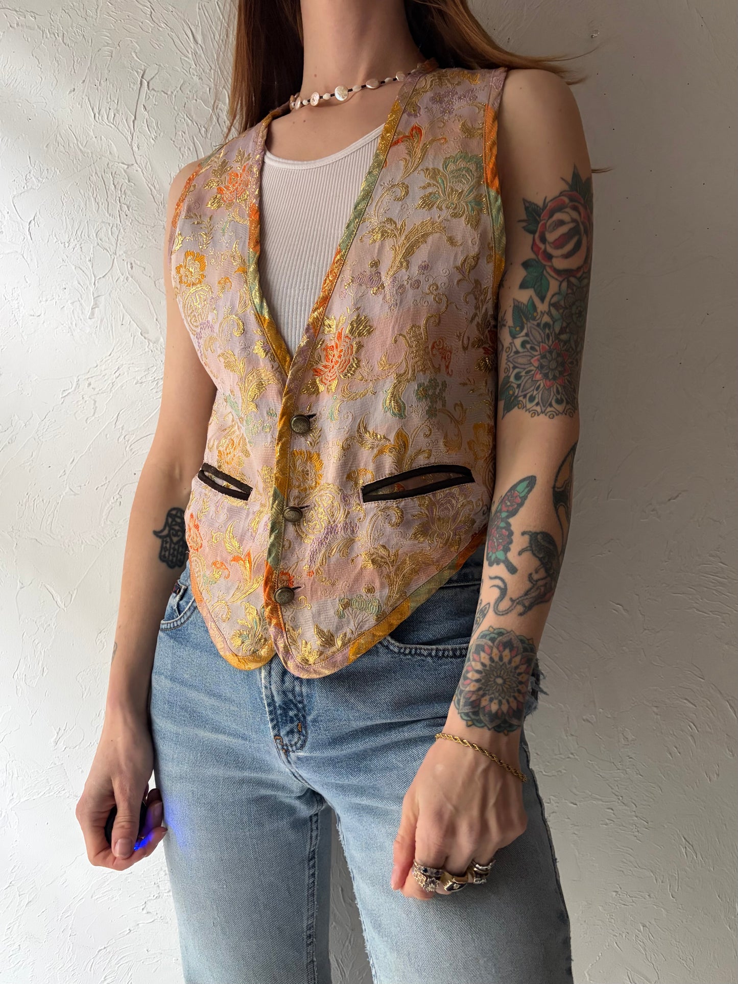 90s 'No!' Metallic Floral Patterned Retro Vest / Vintage 1990s Grunge Vest / Small