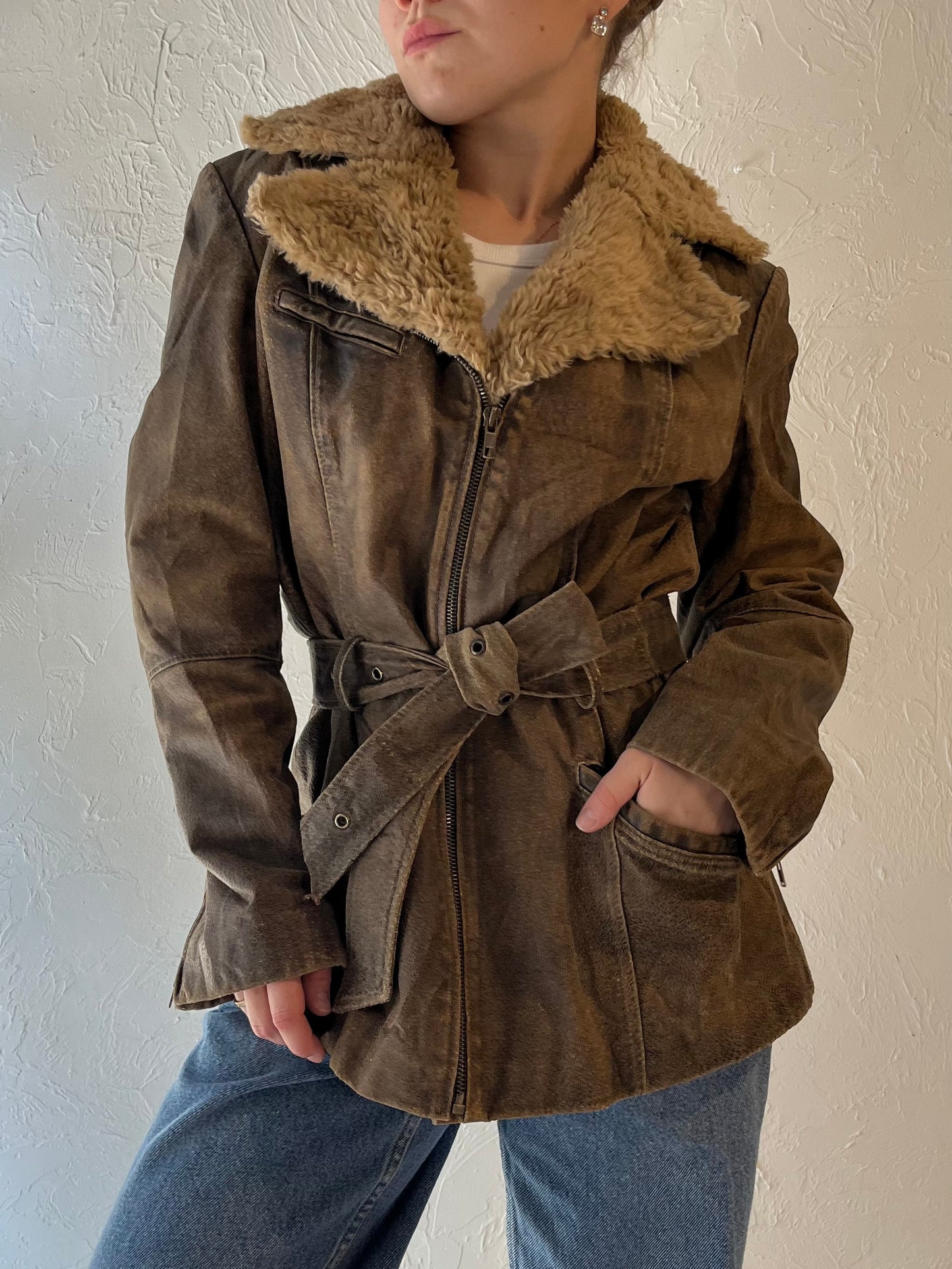 Y2k 'Winlit' Brown Leather Jacket with Faux Fur Trim / Small