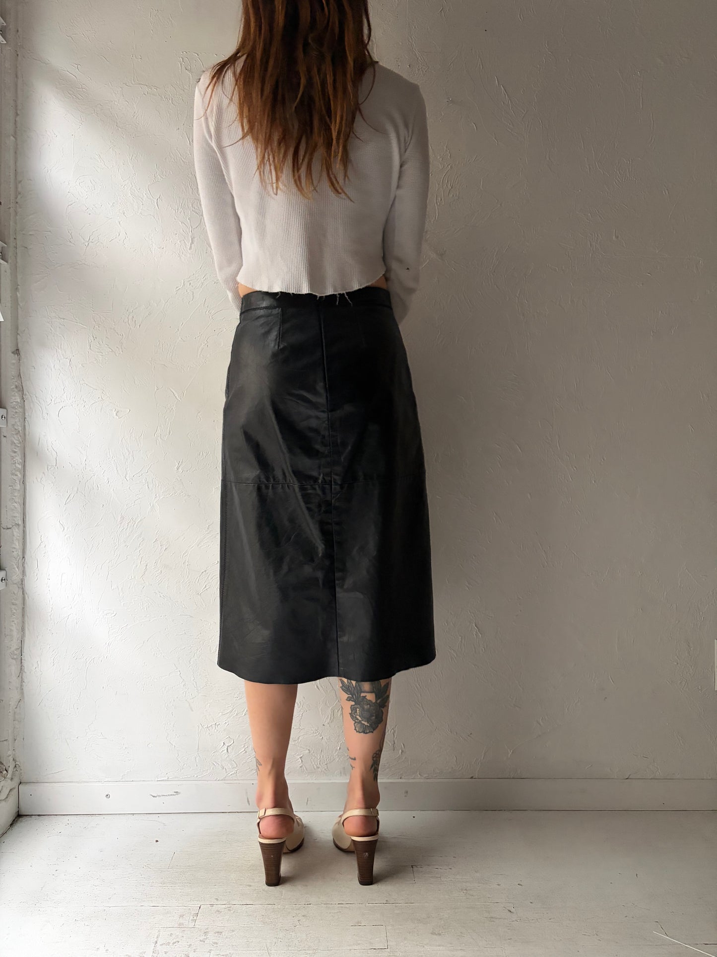 90s 'Gap' Black Leather Dark Academia Midi High Waisted Skirt / Small