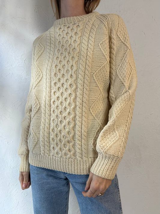 Vintage Hand Knit Cream Cable Knit Fishermans Sweater / Small