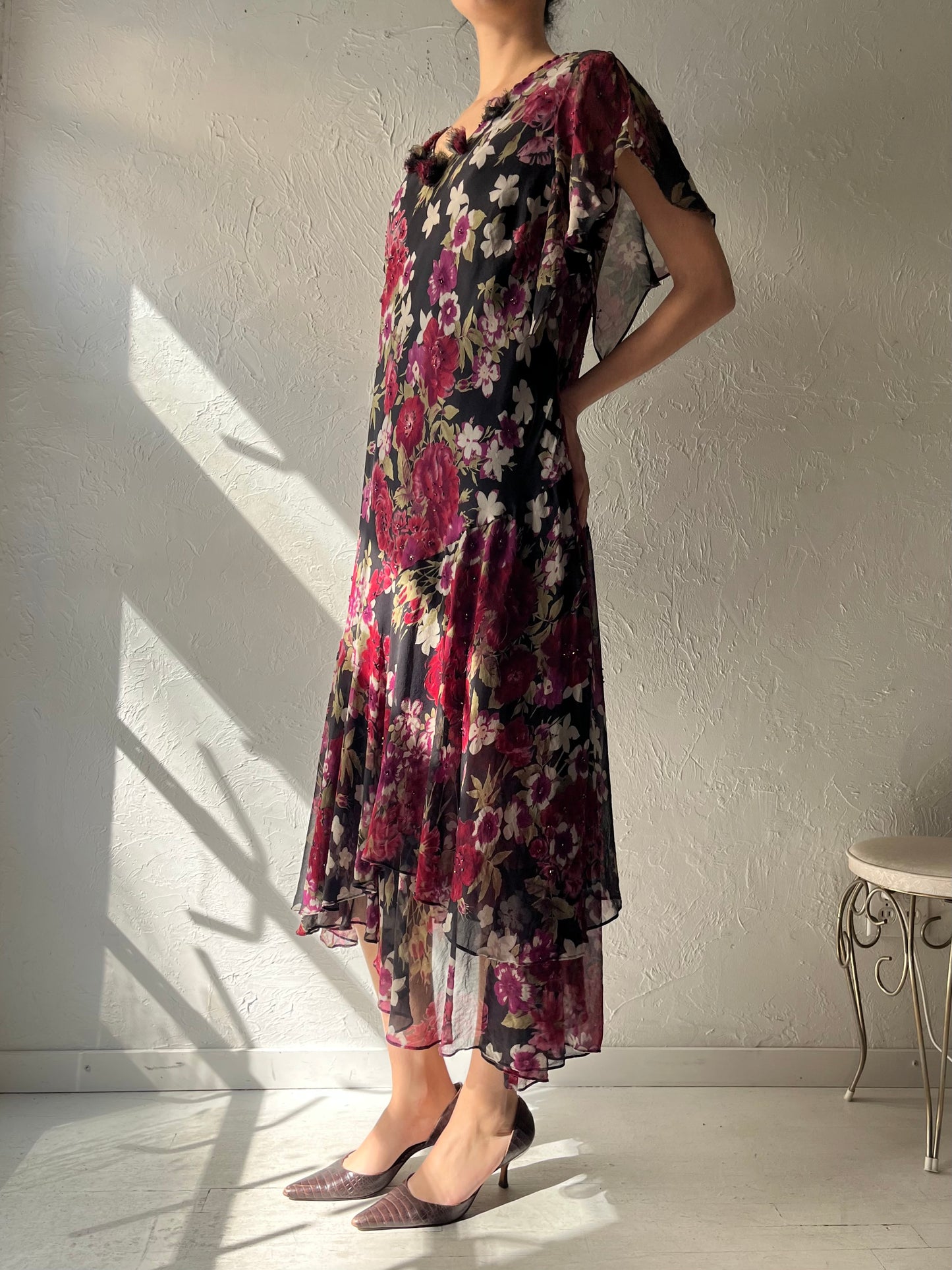 Y2k 'Adrianna Papell' Floral Silk Romanic Summer Maxi Dress / XL