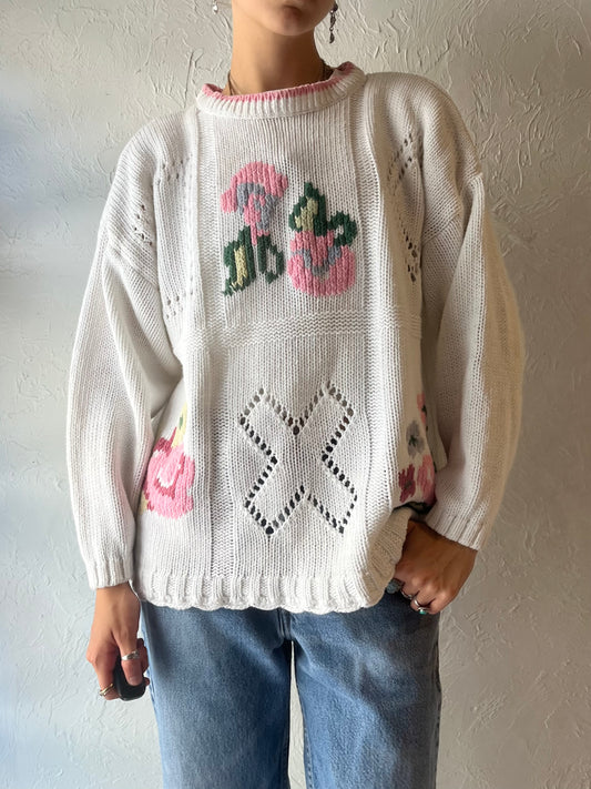 90s 'Street Level' Cotton Ramie Floral Knit Sweater / Large