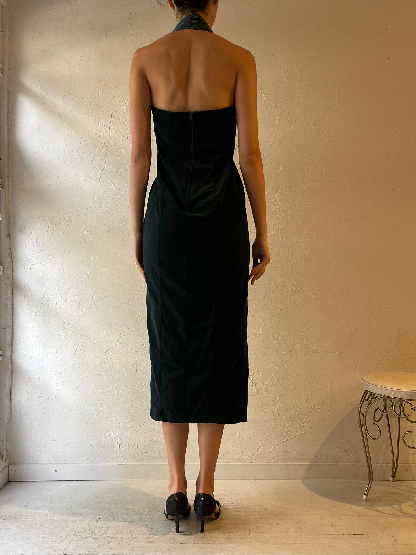 80s 'Kelso' Green Velvet Halter Midi Dress / Medium