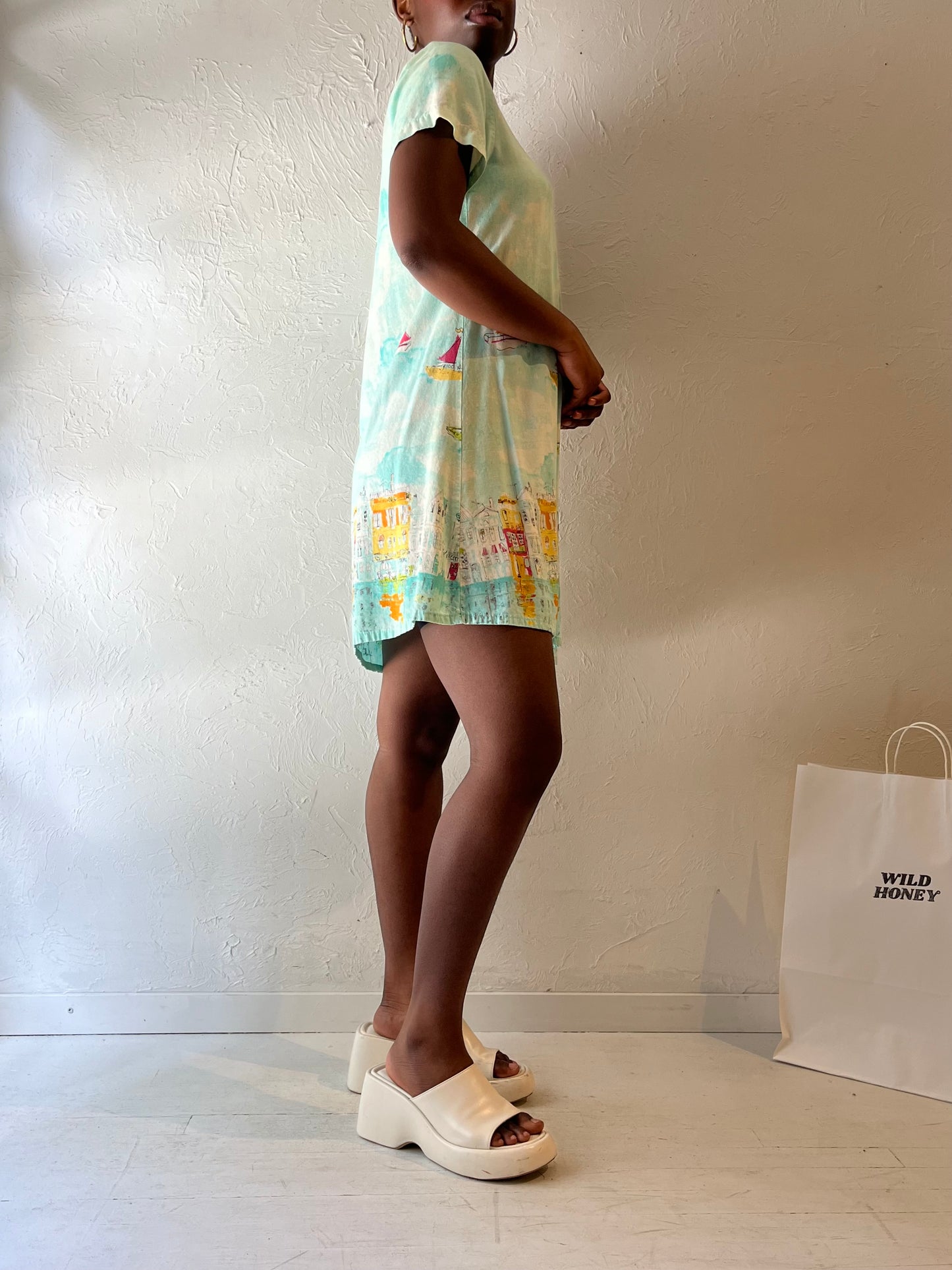 90s 'All Hours' Water Color Rayon Mini Dress / Large