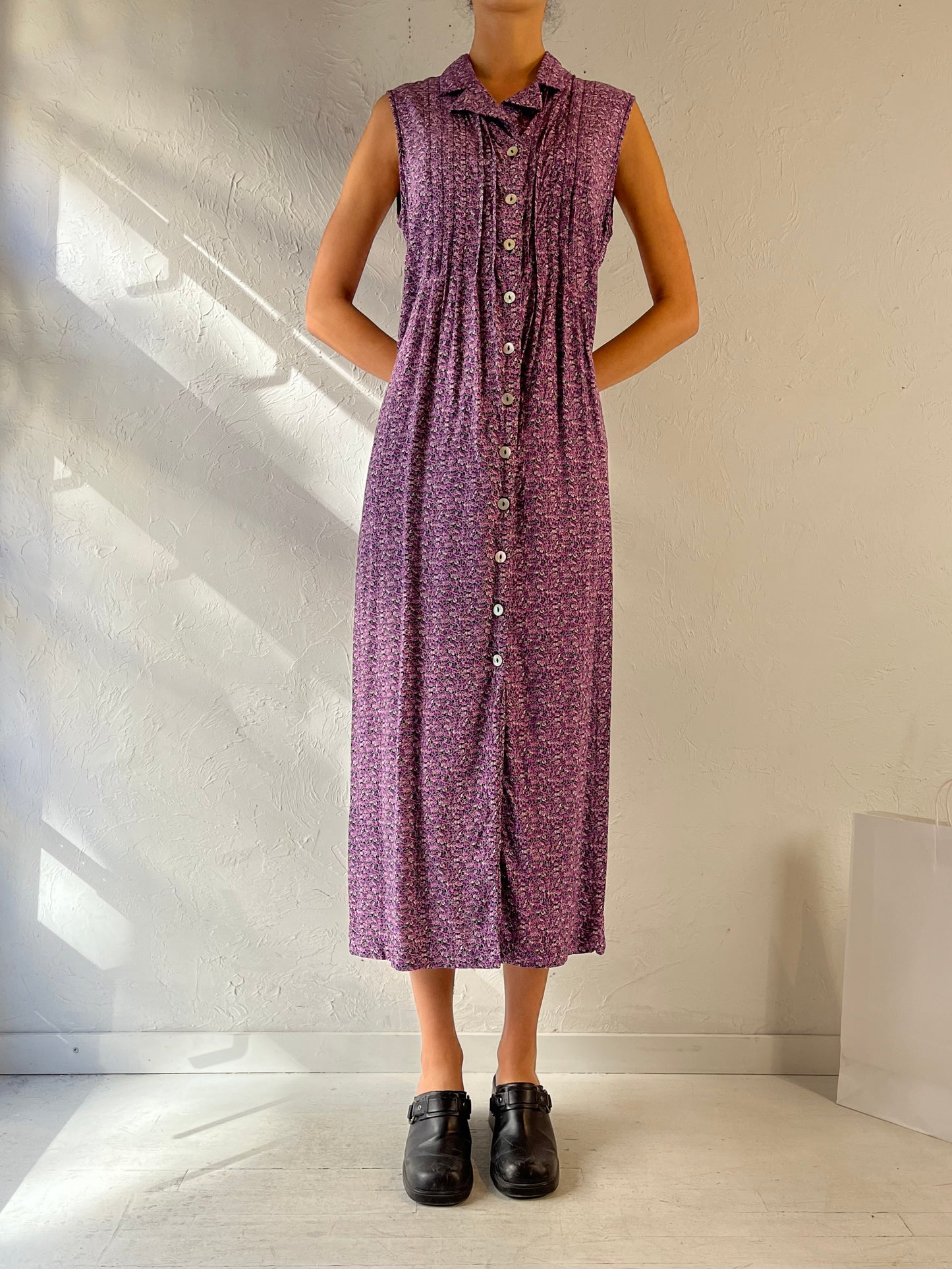 90s ‘Robbie Bee’ Purple Floral Print Midi Dress / Large