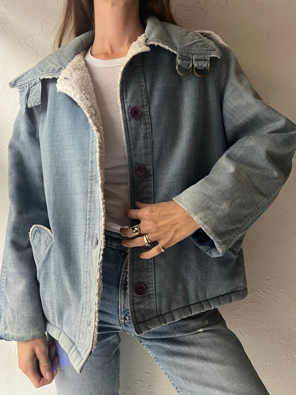 70s Faux Shearling Lined Denim Jacket / Medium
