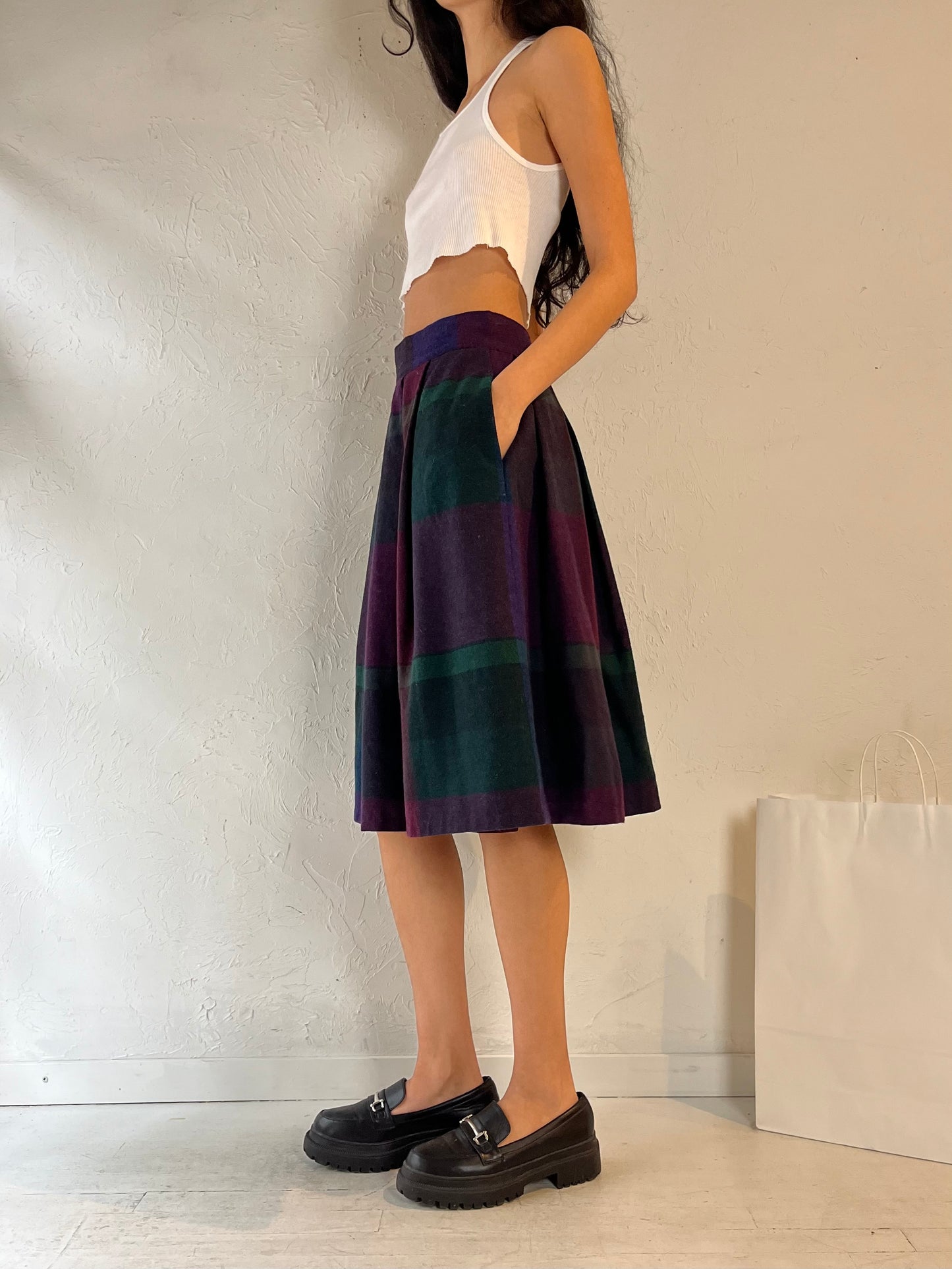 80s ‘Louben’ Plaid Knit Midi Skirt / Small