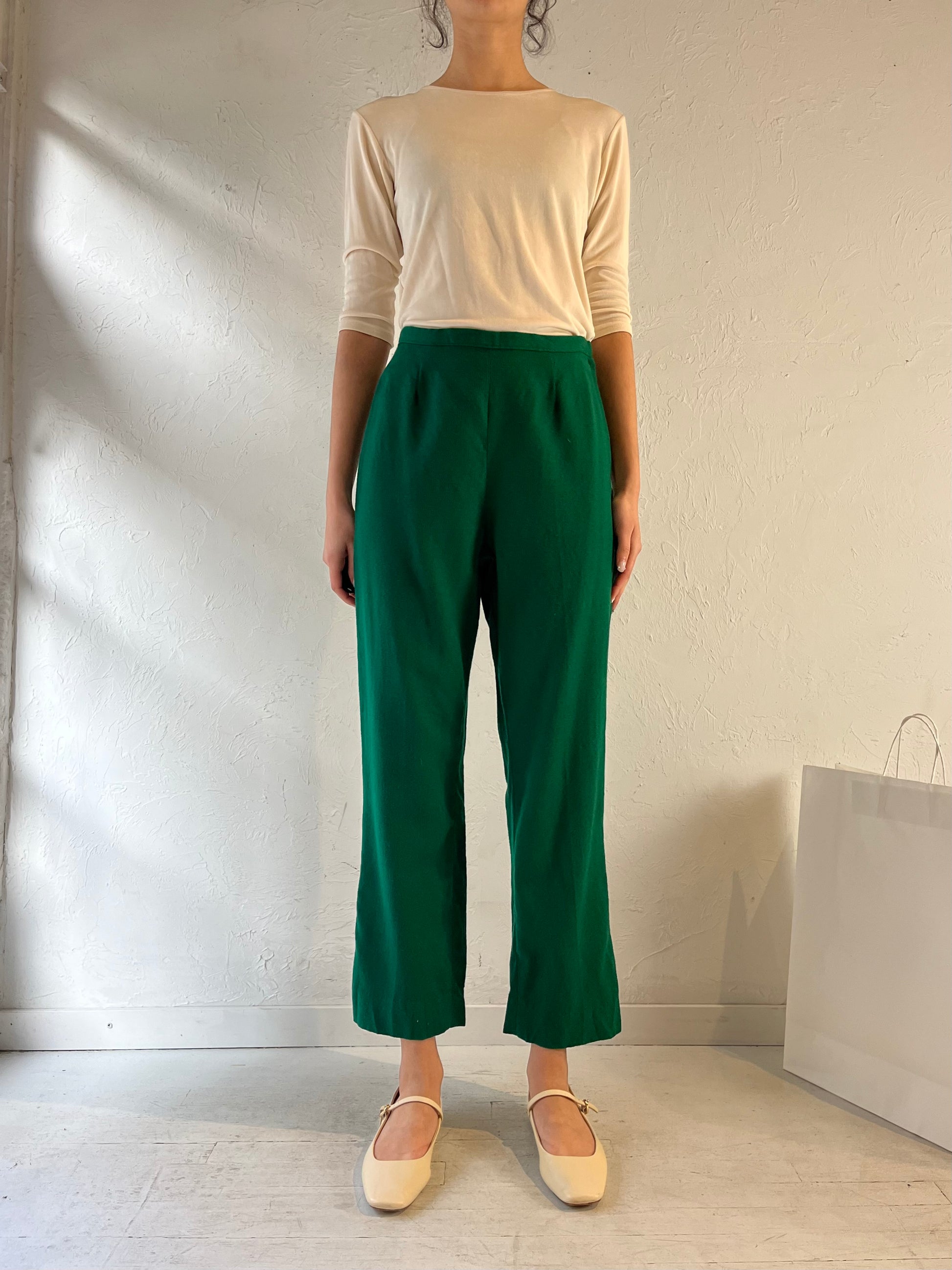 70s Green Wool High Waisted Trousers / Small