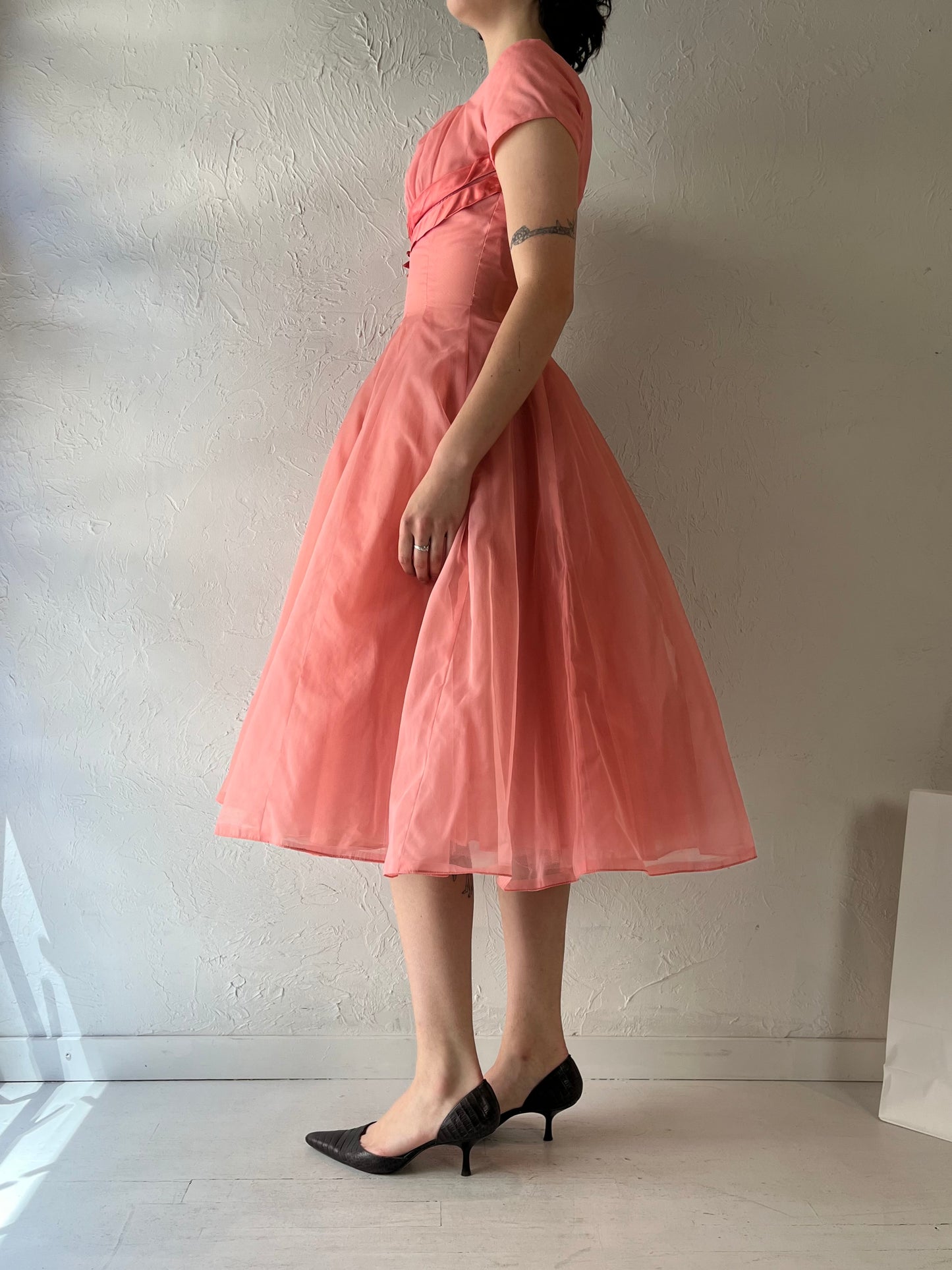40s 50s Handmade Peach Pink Midi Dress / XS