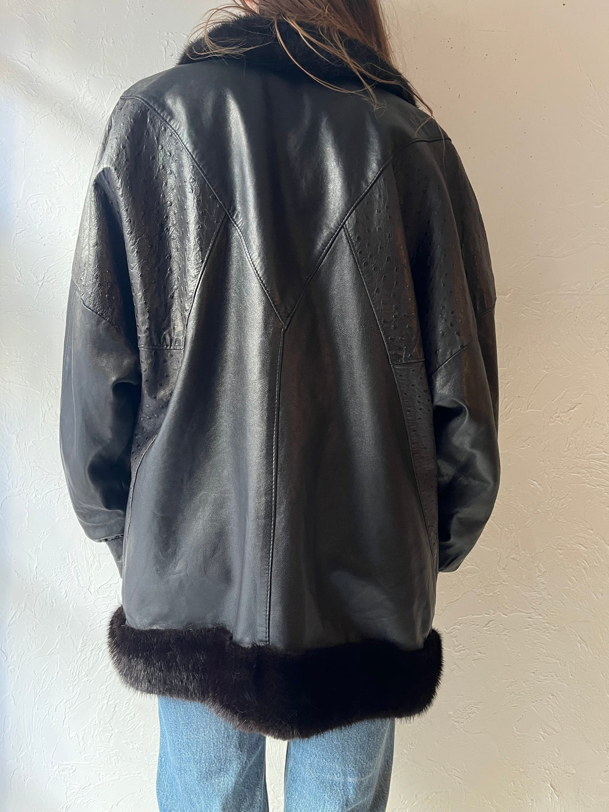 Vintage Black Oversized Winter Leather Jacket / Medium