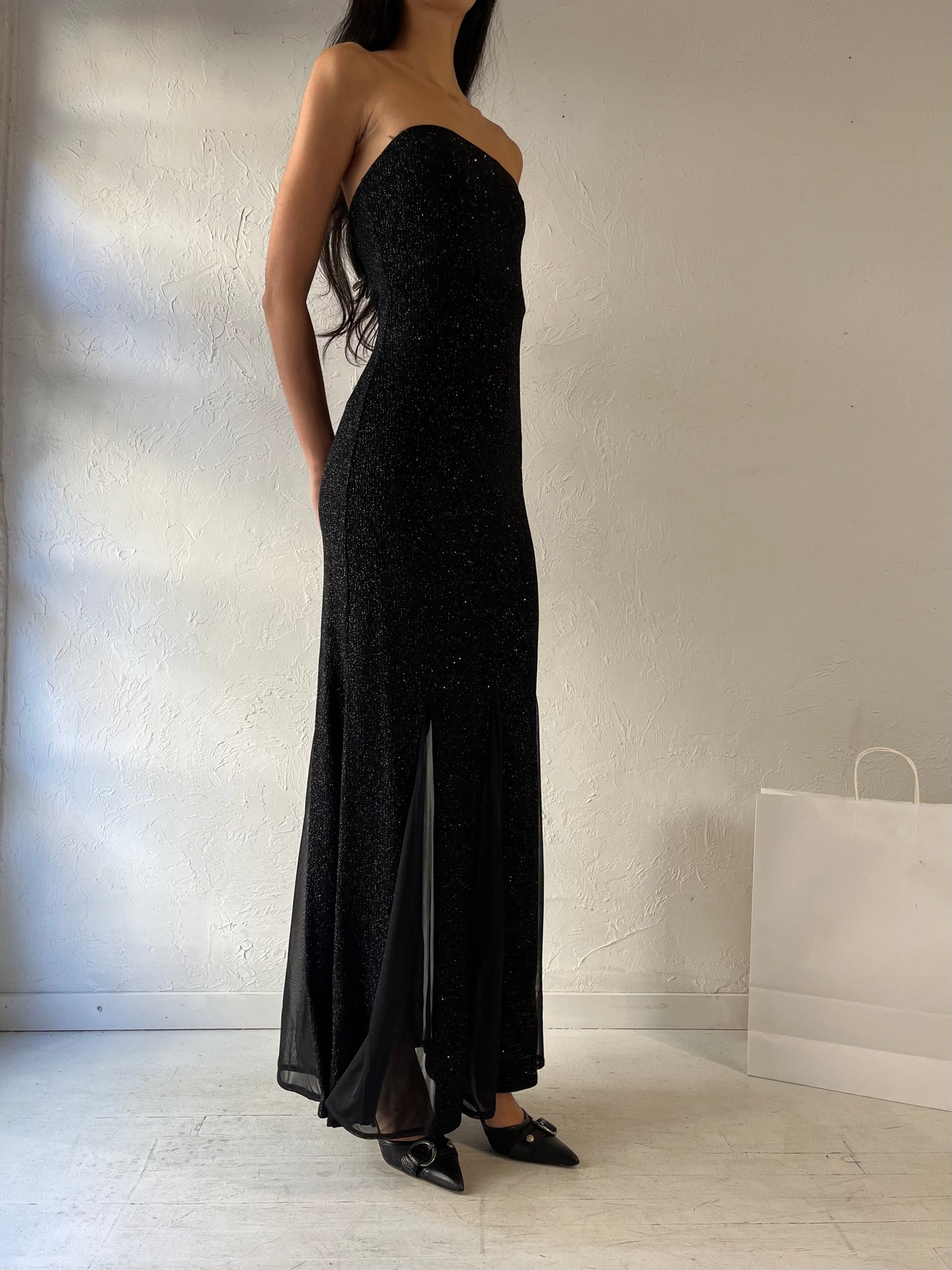 90s ‘Le Chateau’ Black Sparkly Strapless Formal Gown Dress / Small