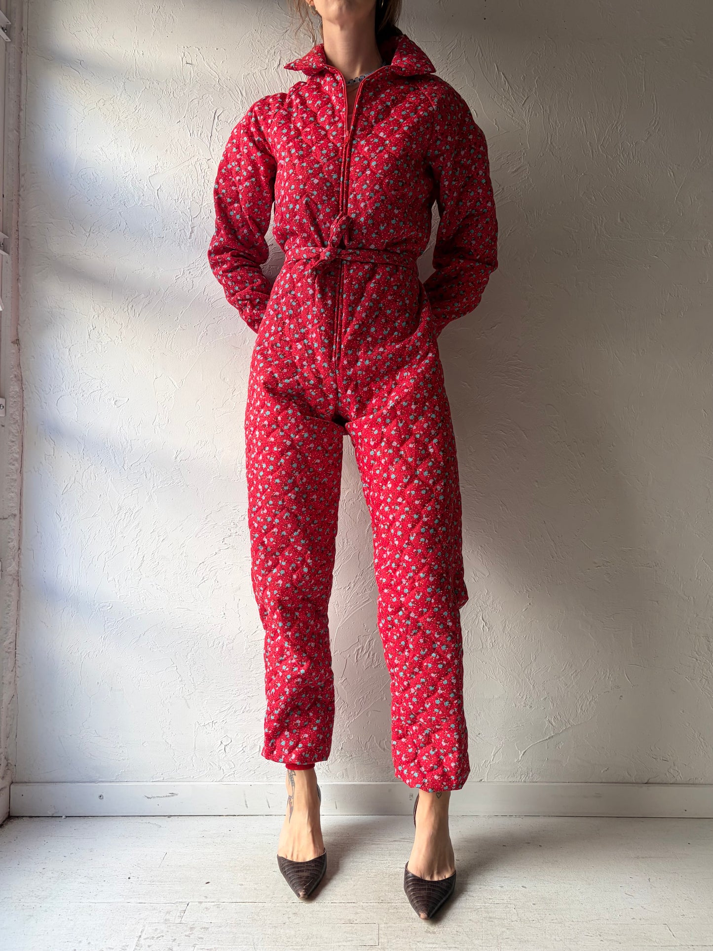 80s 'G. Caseratti' Red Floral Print Quilted Retro Cottagecore Jumpsuit / Small