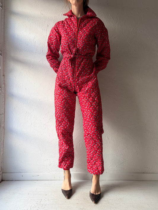 80s 'G. Caseratti' Red Floral Print Quilted Retro Cottagecore Jumpsuit / Small