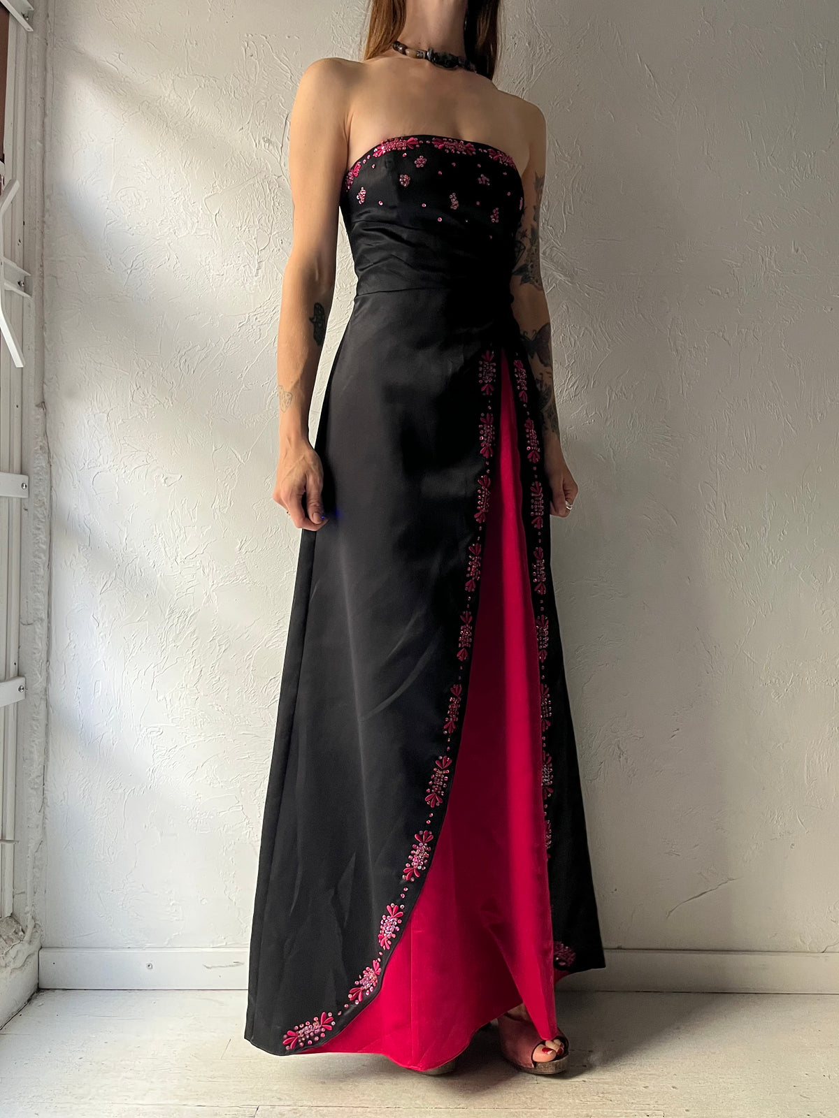 Y2k 'Zum Zum' Black Pink Strapless Lace Up Formal Prom Dress / Small